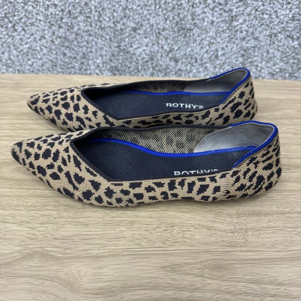 Rothys The Point Flats Women's 9 Leopard Cheetah Big Cat Print Tan Black Brown - Picture 2 of 16